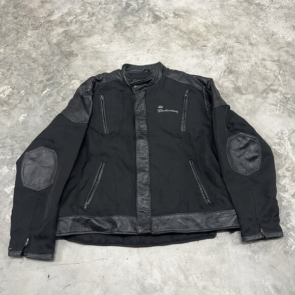 Budweiser Black Leather Bomber Jacket Racing Large Excelled Vintage Motorcycle - Picture 1 of 8